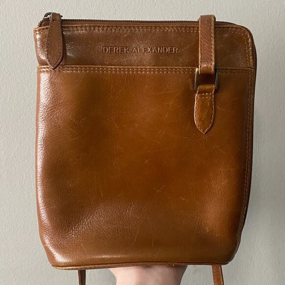 Derek Alexander Two Sided Zip Cross Body Bag Tan Premium Genuine Leather - Picture 1 of 16